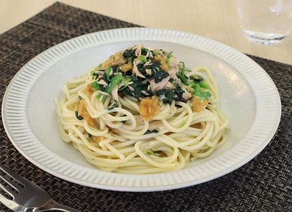 なめ茸とほうれん草の和風パスタ